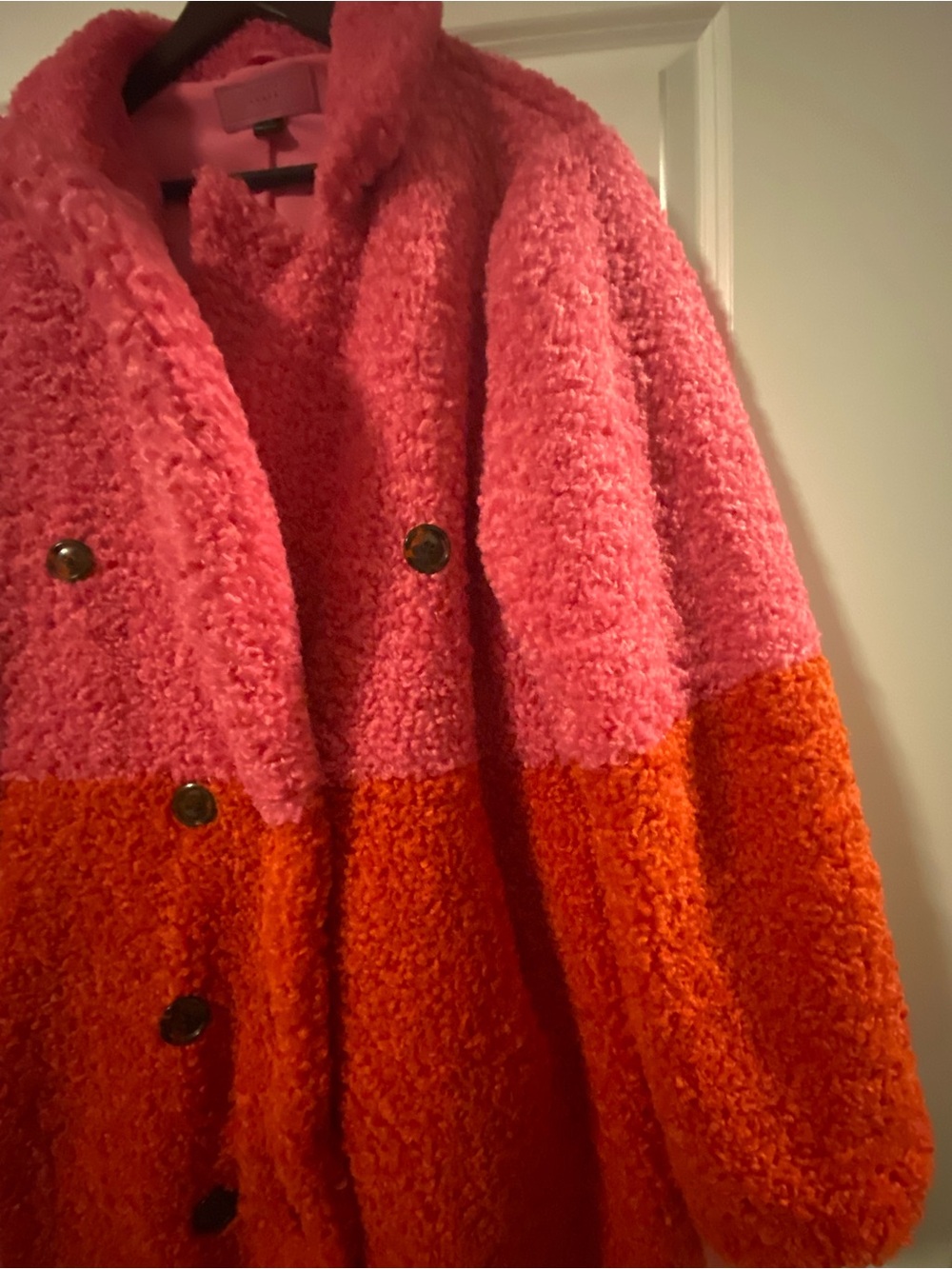 Colorblock Bouclé TEDDY Coat in Pink and Orange - Picture 3 of 9